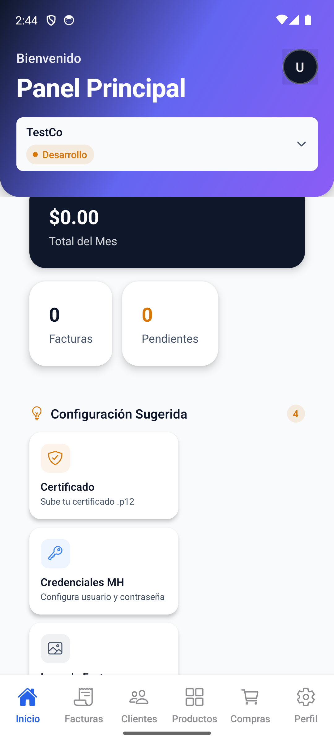 La pantalla de Compras muestra la lista de compras del mes actual.