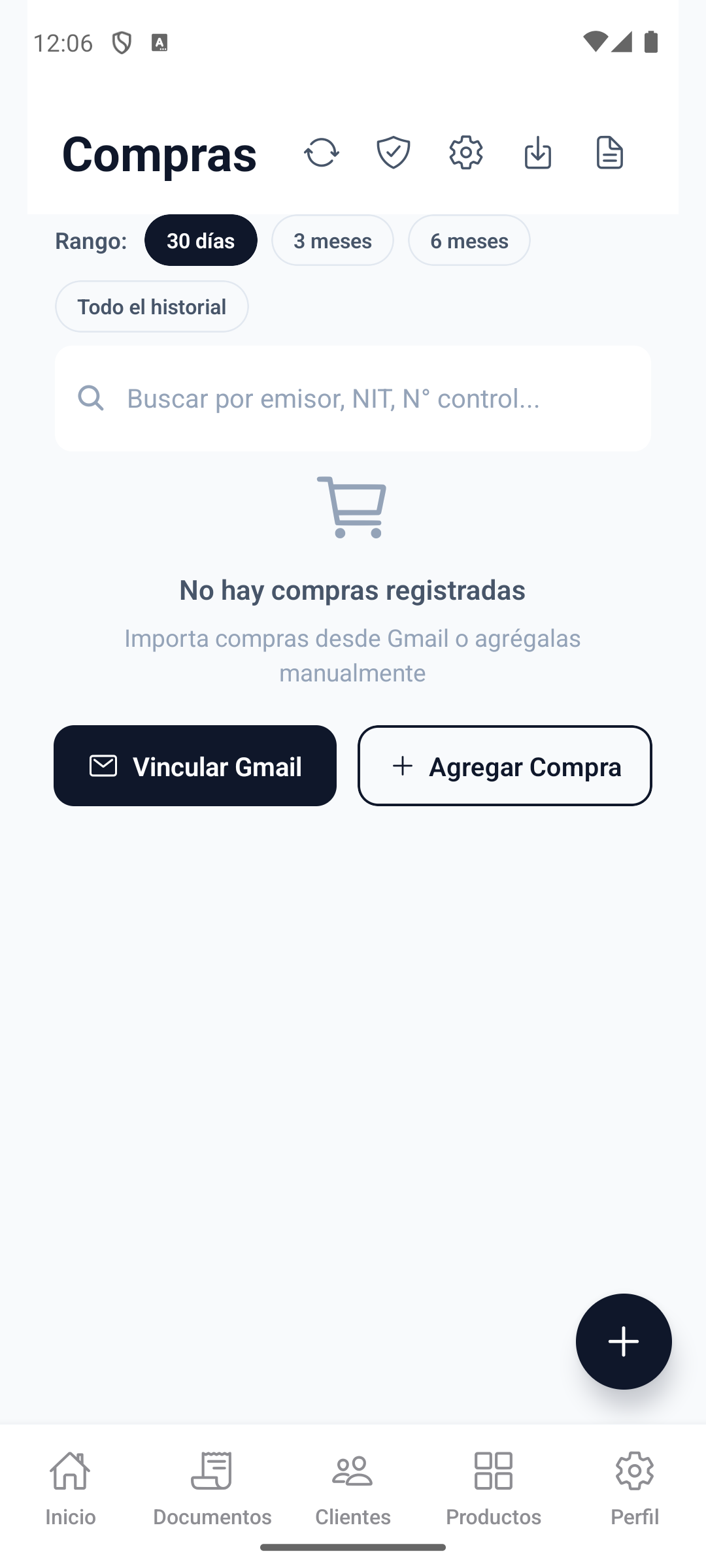 Si no hay compras registradas, se muestran botones para vincular Gmail o agregar manualmente.