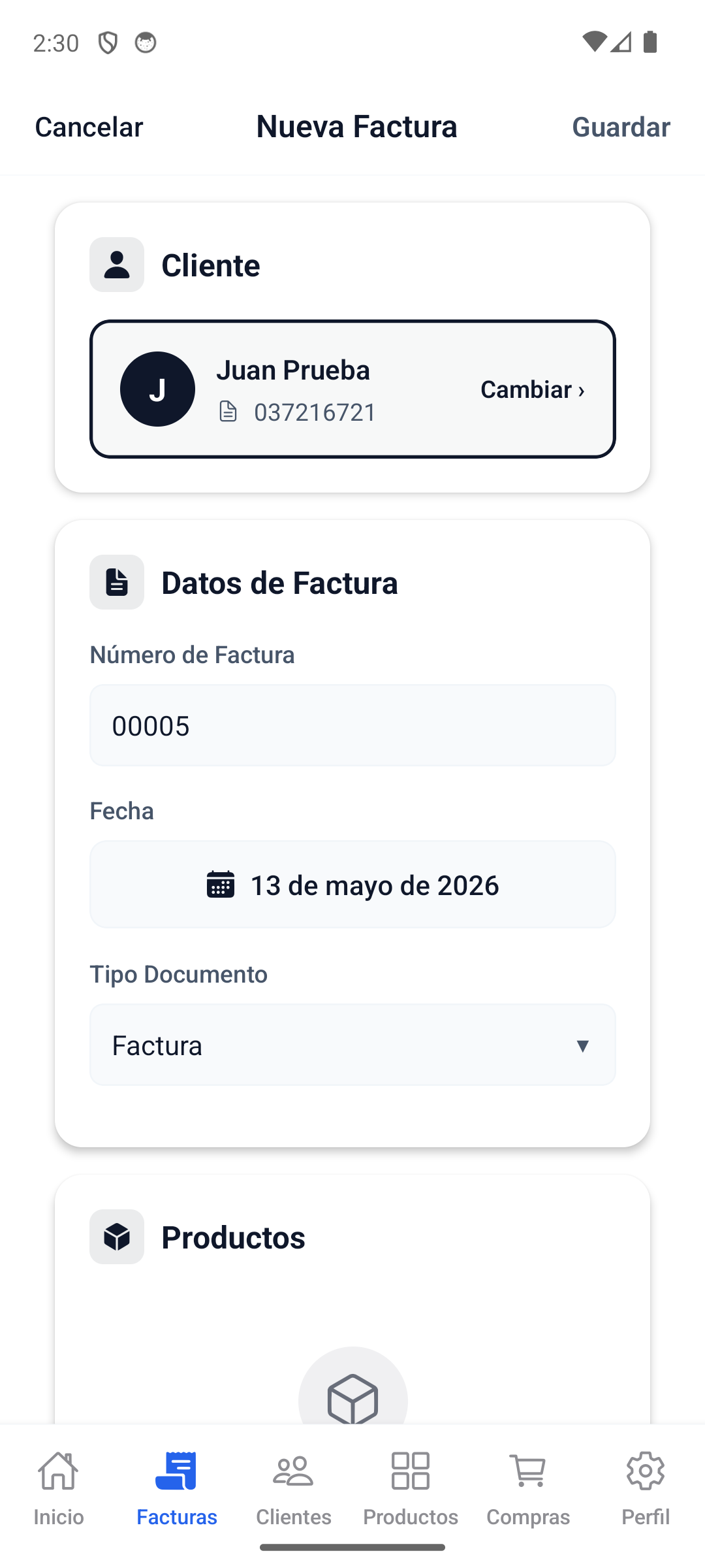 Se abre el formulario de nueva factura.