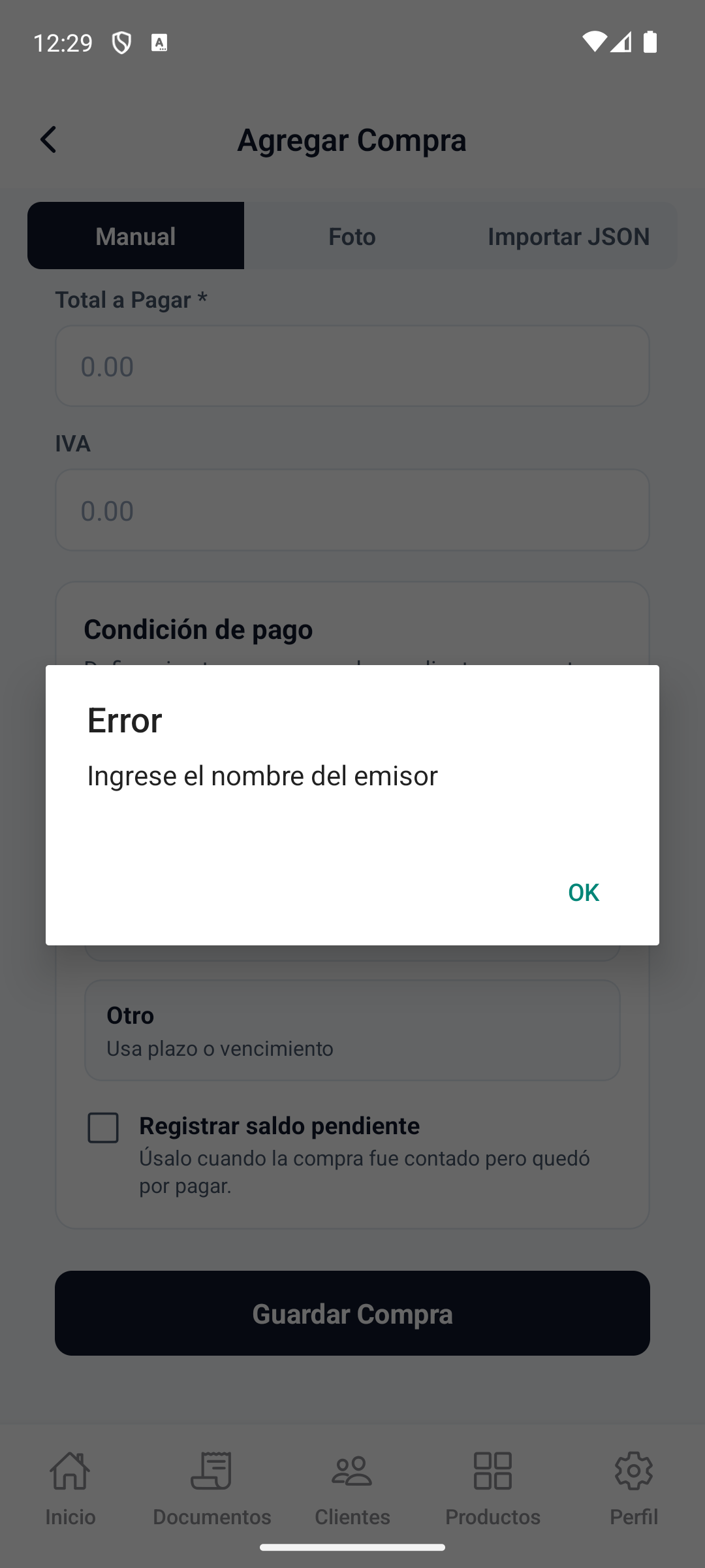 AddCompra Error NoEmisor