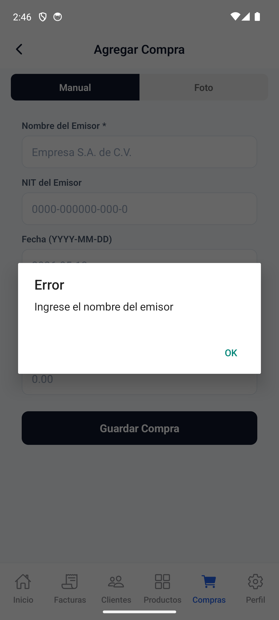 Ingrese el nombre del emisor (obligatorio) y su NIT (opcional).