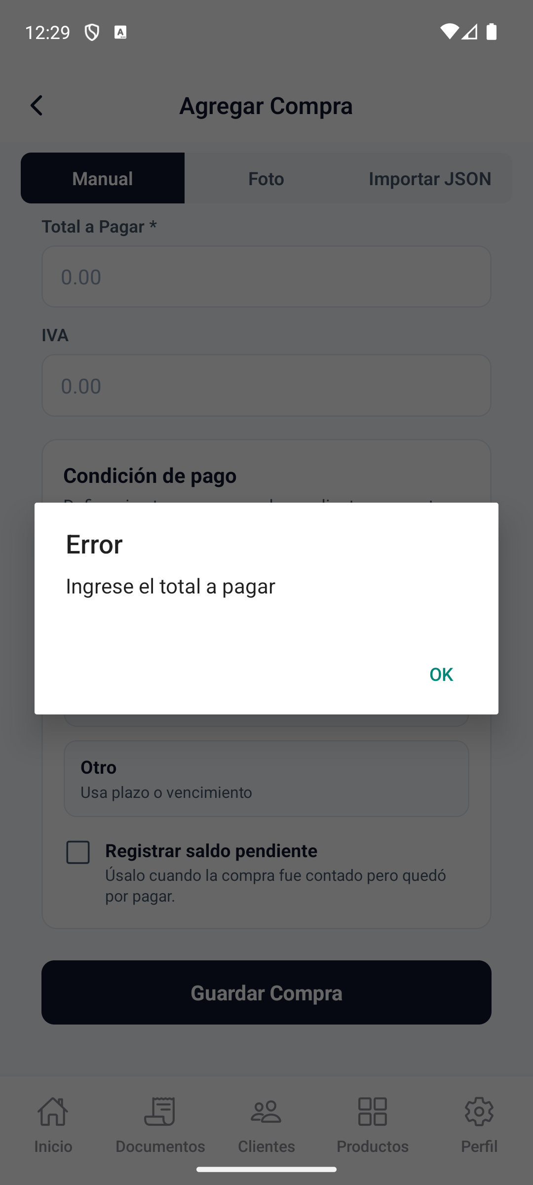 AddCompra Error NoTotal