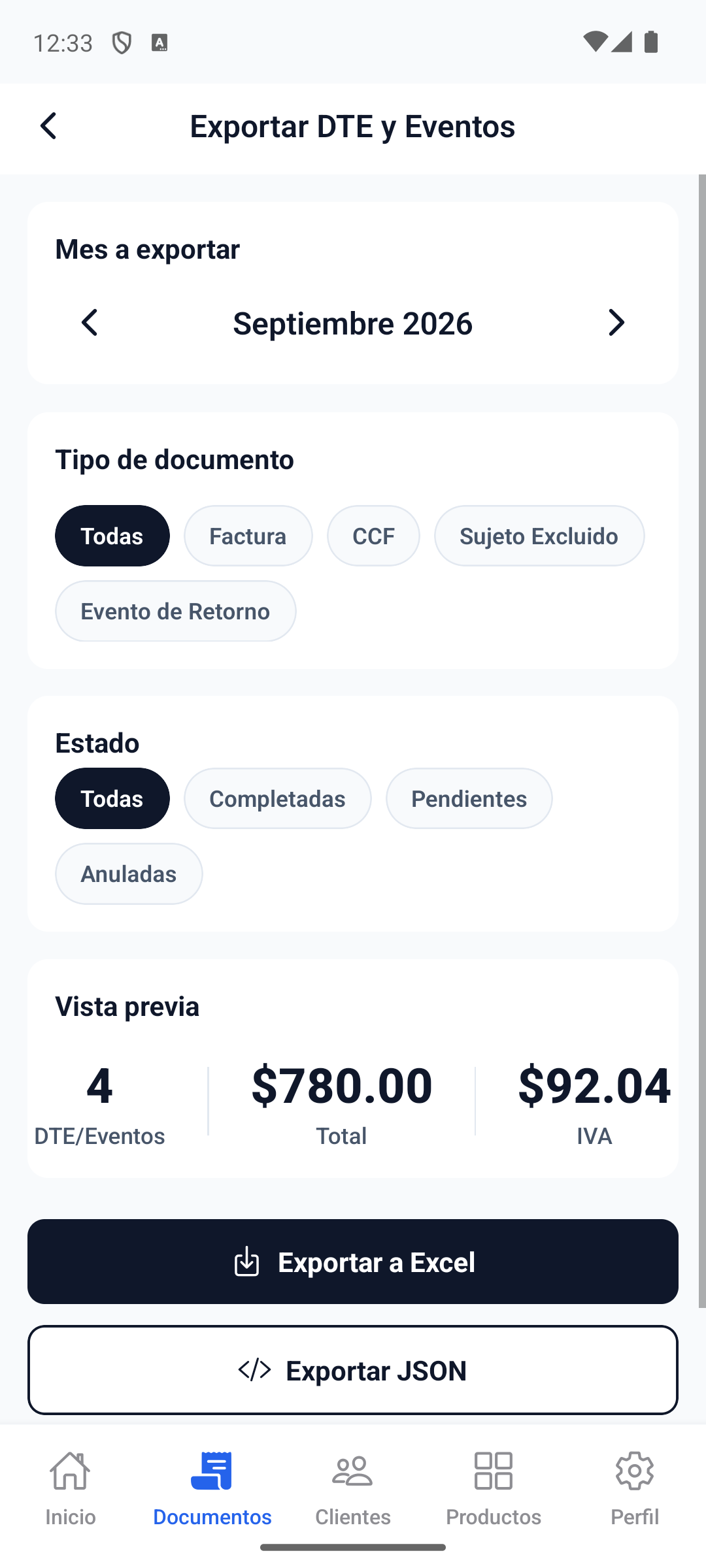 La pantalla de exportacion muestra el selector de mes y filtros.