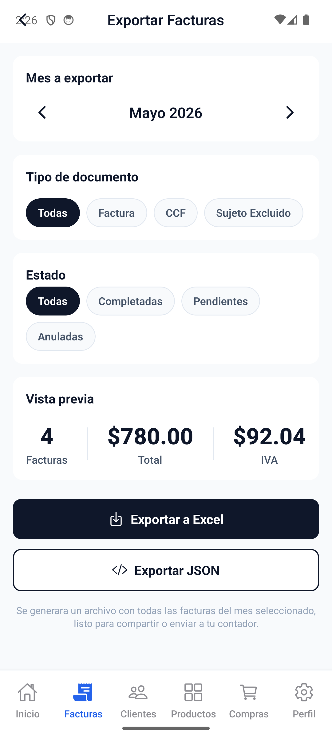 Desde la pantalla de Facturas, presione el boton