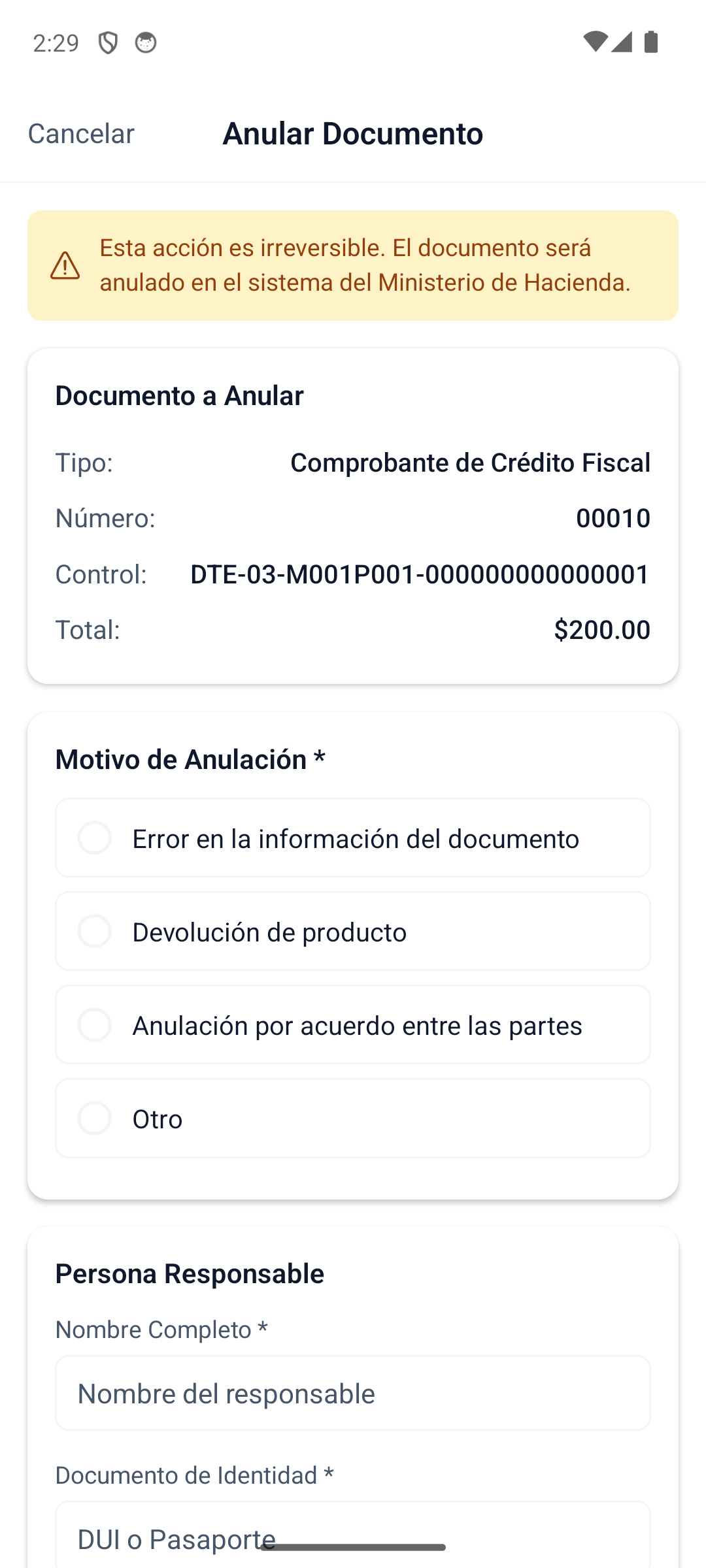 Abra el detalle de la factura que desea invalidar desde la lista de Facturas.