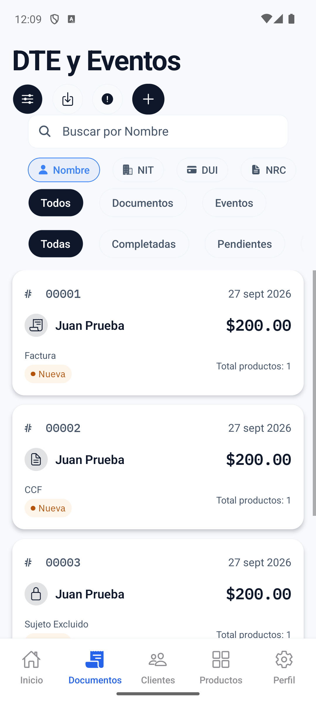 La pantalla Facturas muestra buscador, filtros y el boton "+" para crear un nuevo DTE.