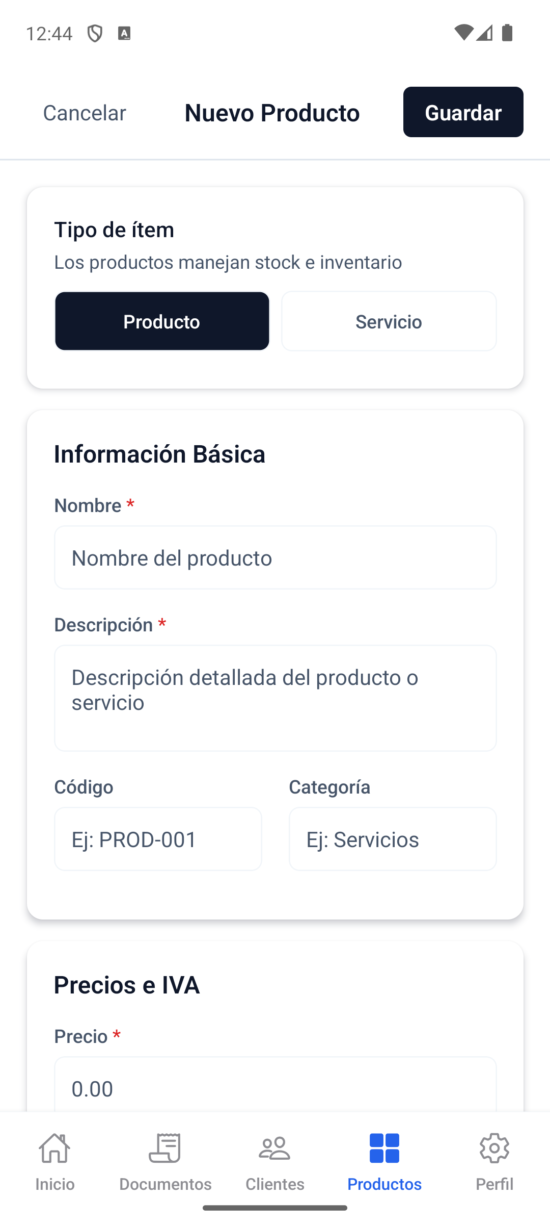 Se abre el formulario "Nuevo Producto".