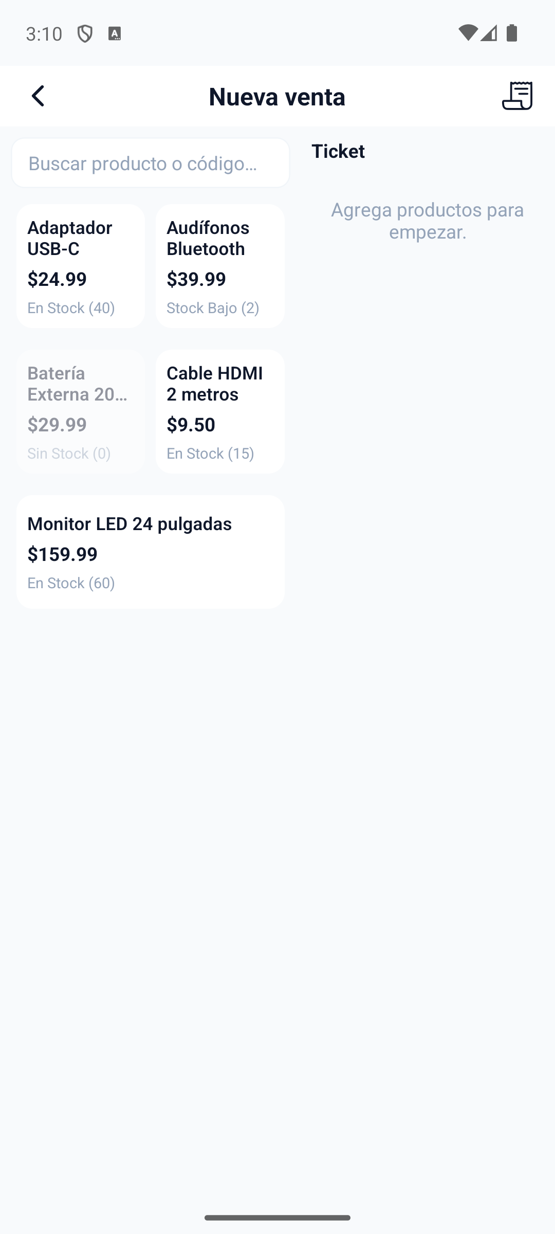 En Android, abra Inicio y use la accion rapida "Punto de Venta". La pantalla Nueva venta muestra el buscador y el catalogo en fichas; cada ficha indica el precio y el estado del stock del producto.