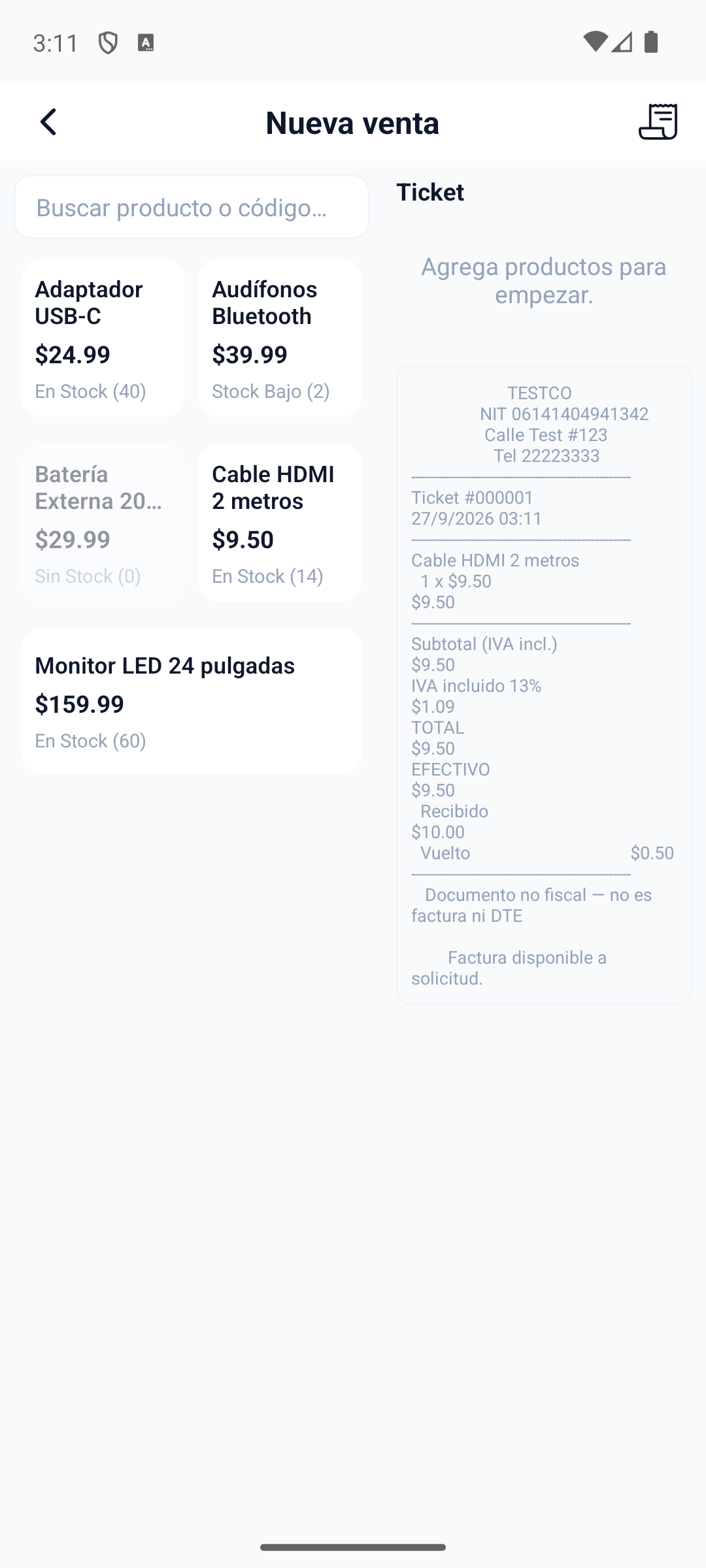 Al confirmar, el ticket queda guardado con su correlativo, el carrito se limpia y aparece la vista previa del recibo en texto monoespaciado; el recibo se comparte mediante la hoja de compartir del sistema para imprimirlo o enviarlo.