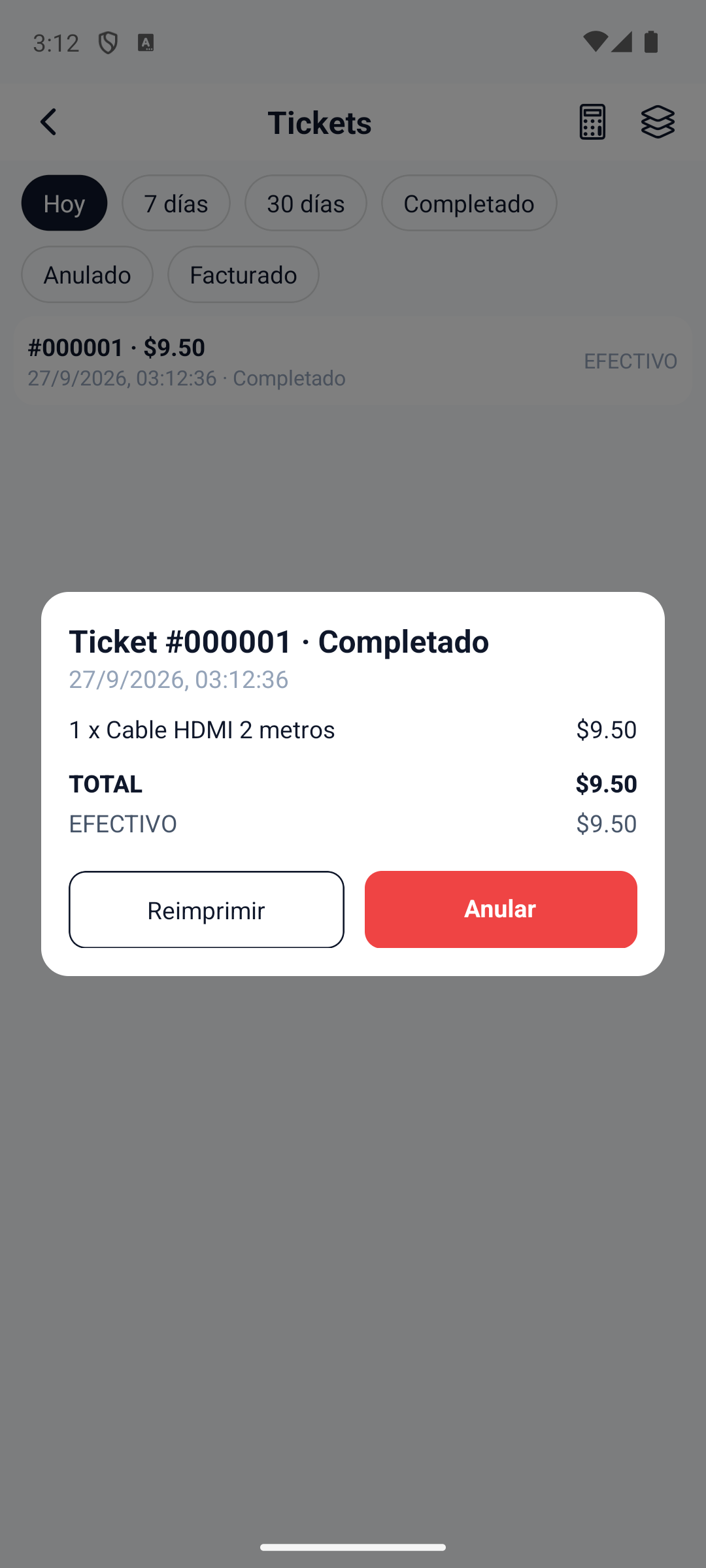Toque un ticket para ver su detalle: lineas vendidas, total, pagos con su evidencia de datafono (marca, ****ultimos 4 digitos y codigo de autorizacion) y el motivo de anulacion si fue anulado. Use "Reimprimir" para volver a compartir el recibo.