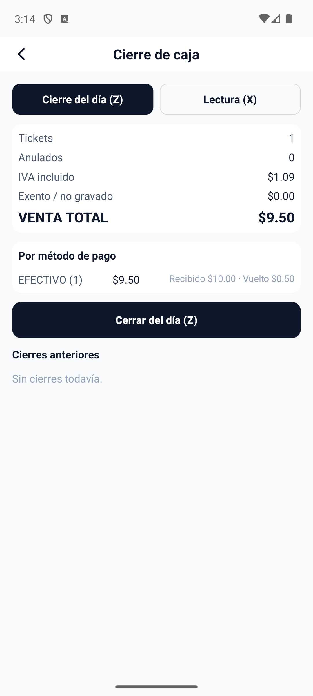 Abra el cierre desde el icono de calculadora del historial de tickets. El modo "Cierre del dia (Z)" muestra tickets, anulados, IVA incluido, exento/no gravado y la VENTA TOTAL de todo lo vendido desde el ultimo cierre Z.