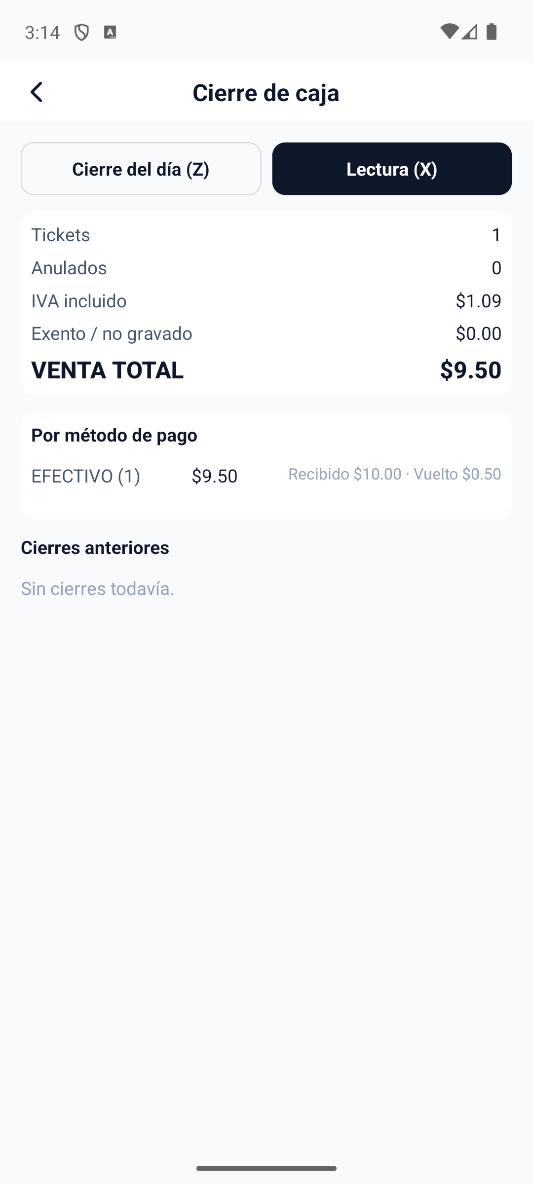 Cambie a "Lectura (X)" para ver el resumen del dia en curso sin cerrar la caja — util para verificar el efectivo en medio del turno sin afectar el proximo cierre Z.
