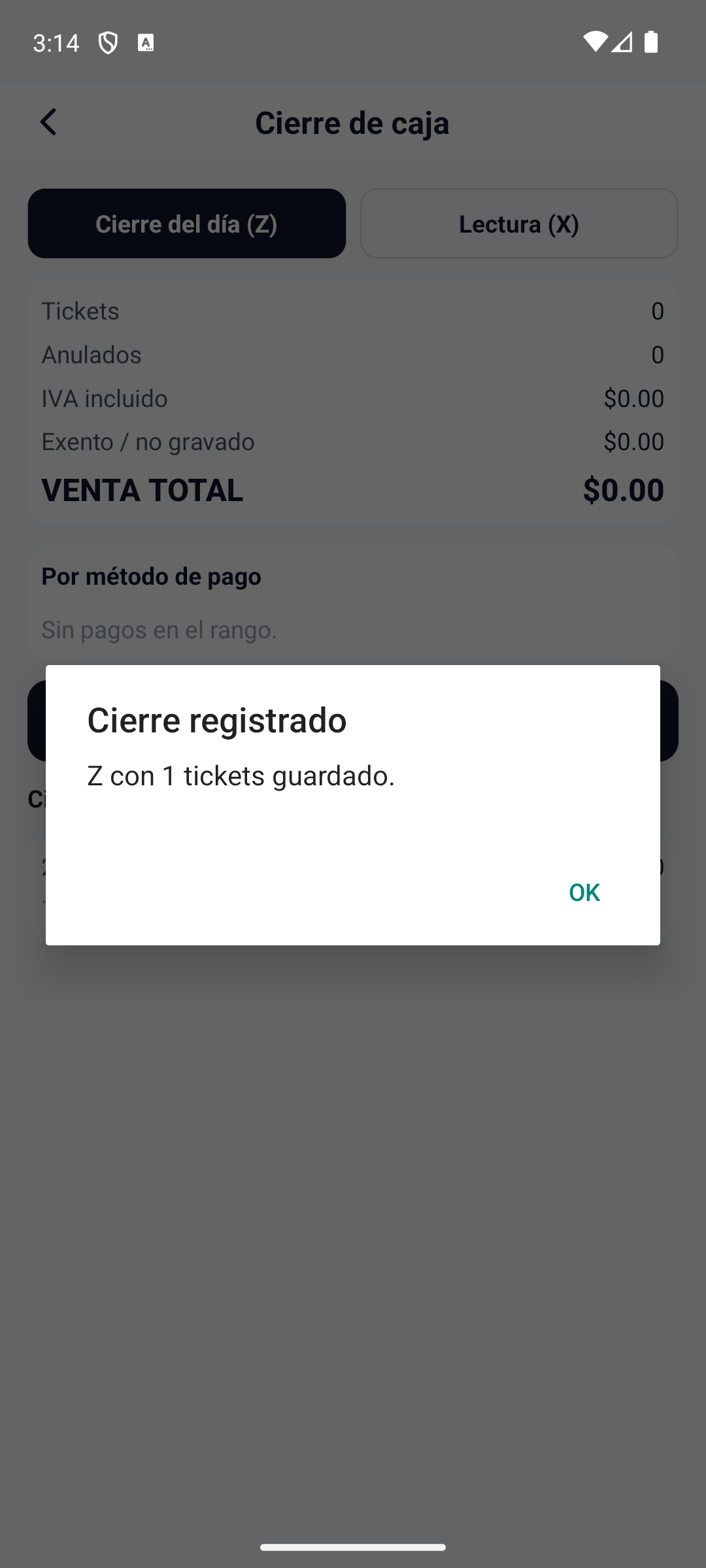 Presione "Cerrar del dia (Z)" para guardar el cierre. Se comparte el recibo del cierre y la aplicacion confirma con "Cierre registrado" indicando cuantos tickets incluye.