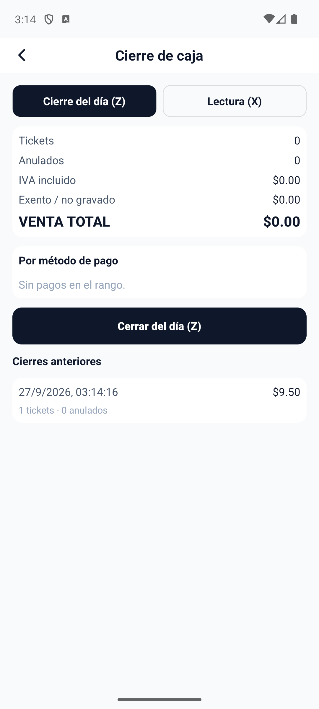 "Cierres anteriores" conserva los ultimos cierres Z con su fecha, venta total, numero de tickets y anulados, para conciliar el efectivo de dias pasados.