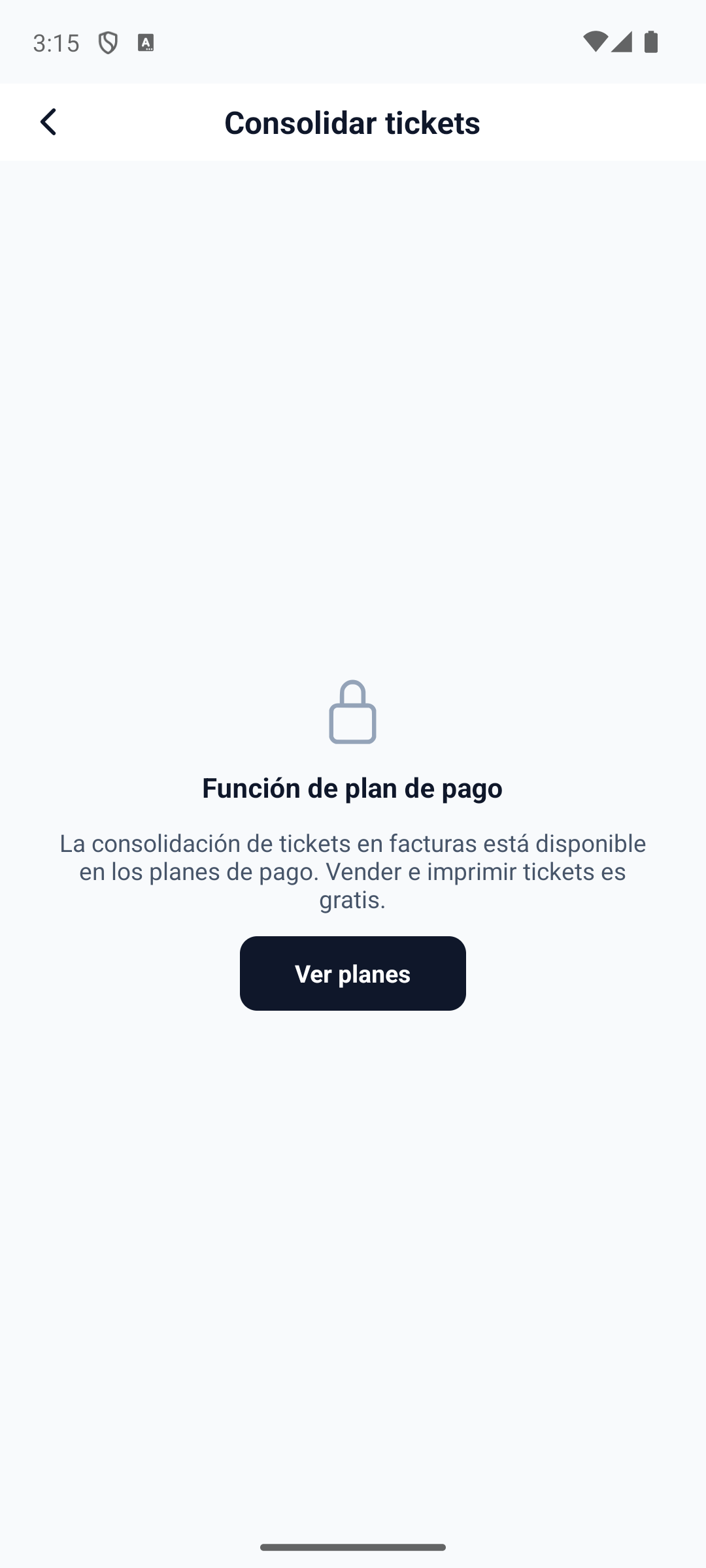 En plan gratuito (Lite), la pantalla muestra el candado "Funcion de plan de pago": la consolidacion de tickets en facturas requiere un plan de pago, pero vender e imprimir tickets es gratis.
