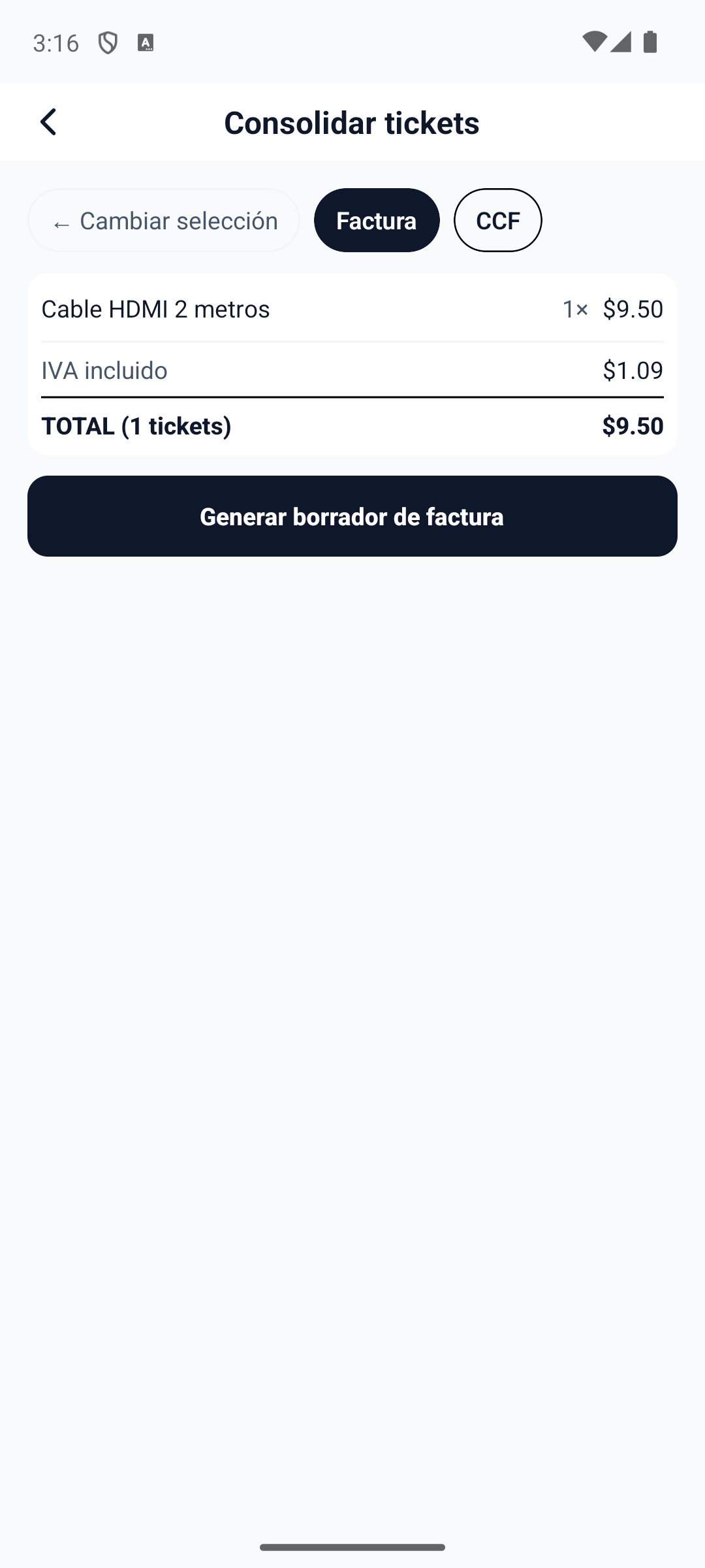 Con un plan de pago, seleccione los tickets completados sin facturar del mes en curso (o "Seleccionar todos") y presione "Revisar". La vista previa agrega los productos — si un producto se vendio a precios distintos se marca "(promedio)" — y muestra el total consolidado.