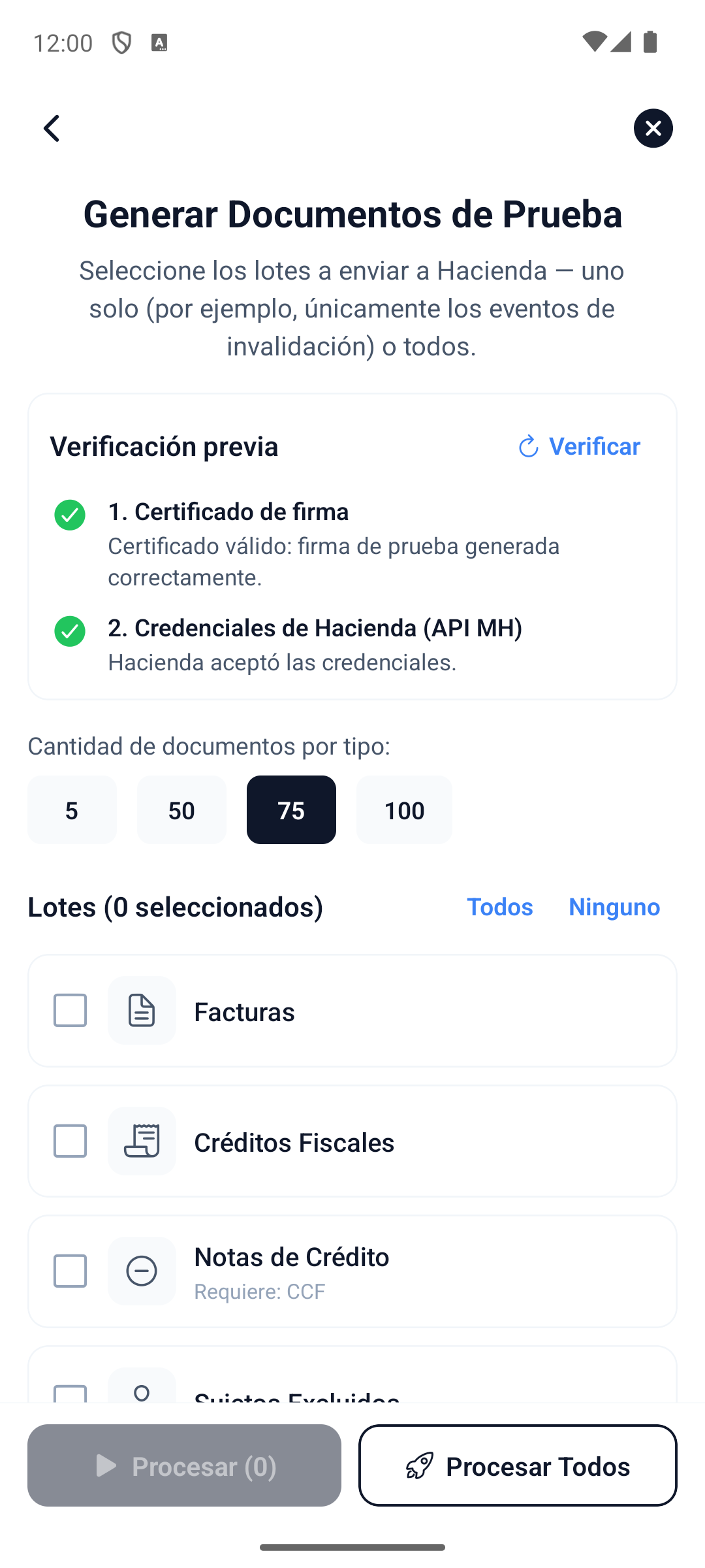 El formulario solicita los tipos de documentos que su empresa desea habilitar en produccion.