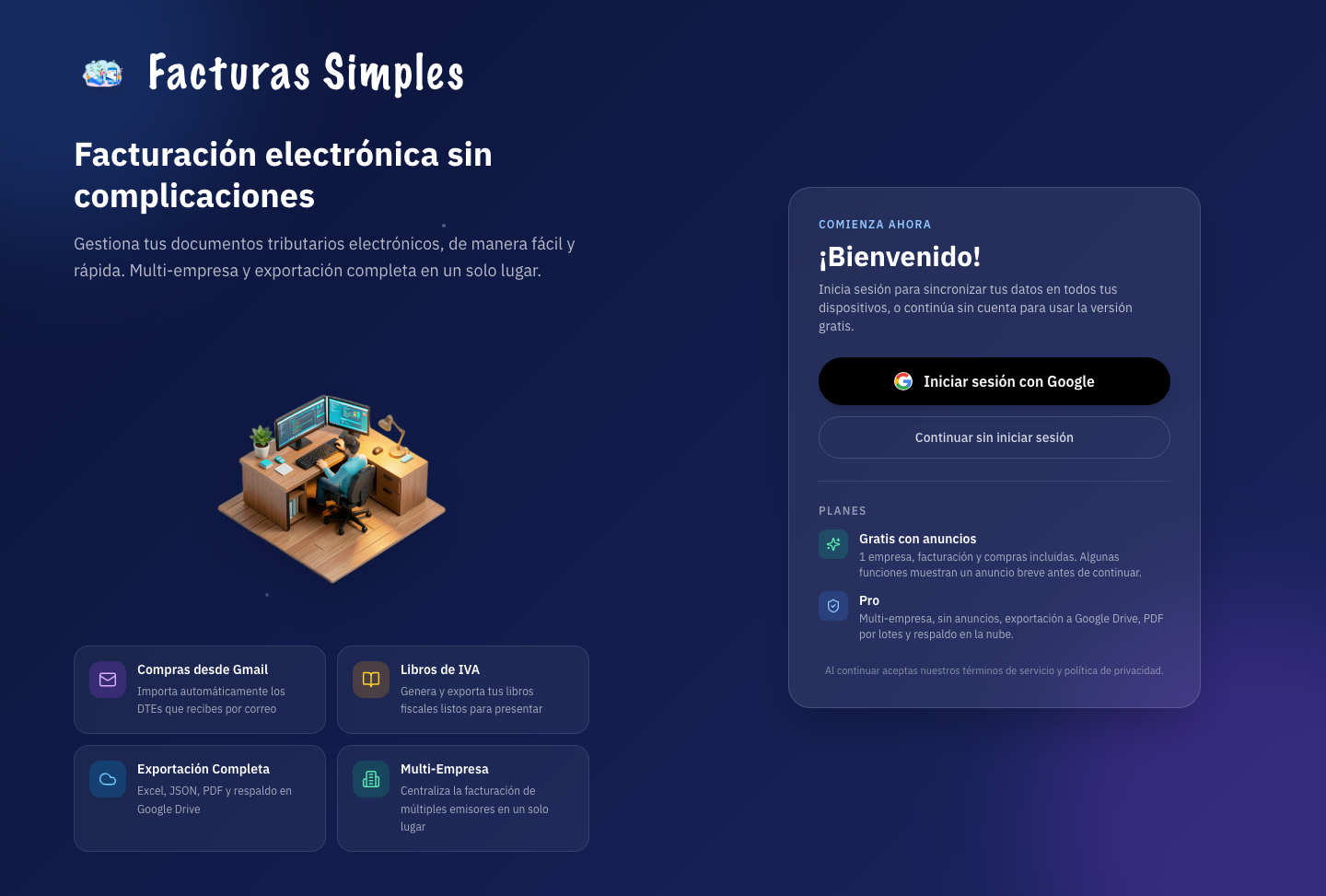Tras completar el tour inicial, la pantalla de Inicio muestra el estado inicial de la aplicacion e invita a configurar la primera empresa.