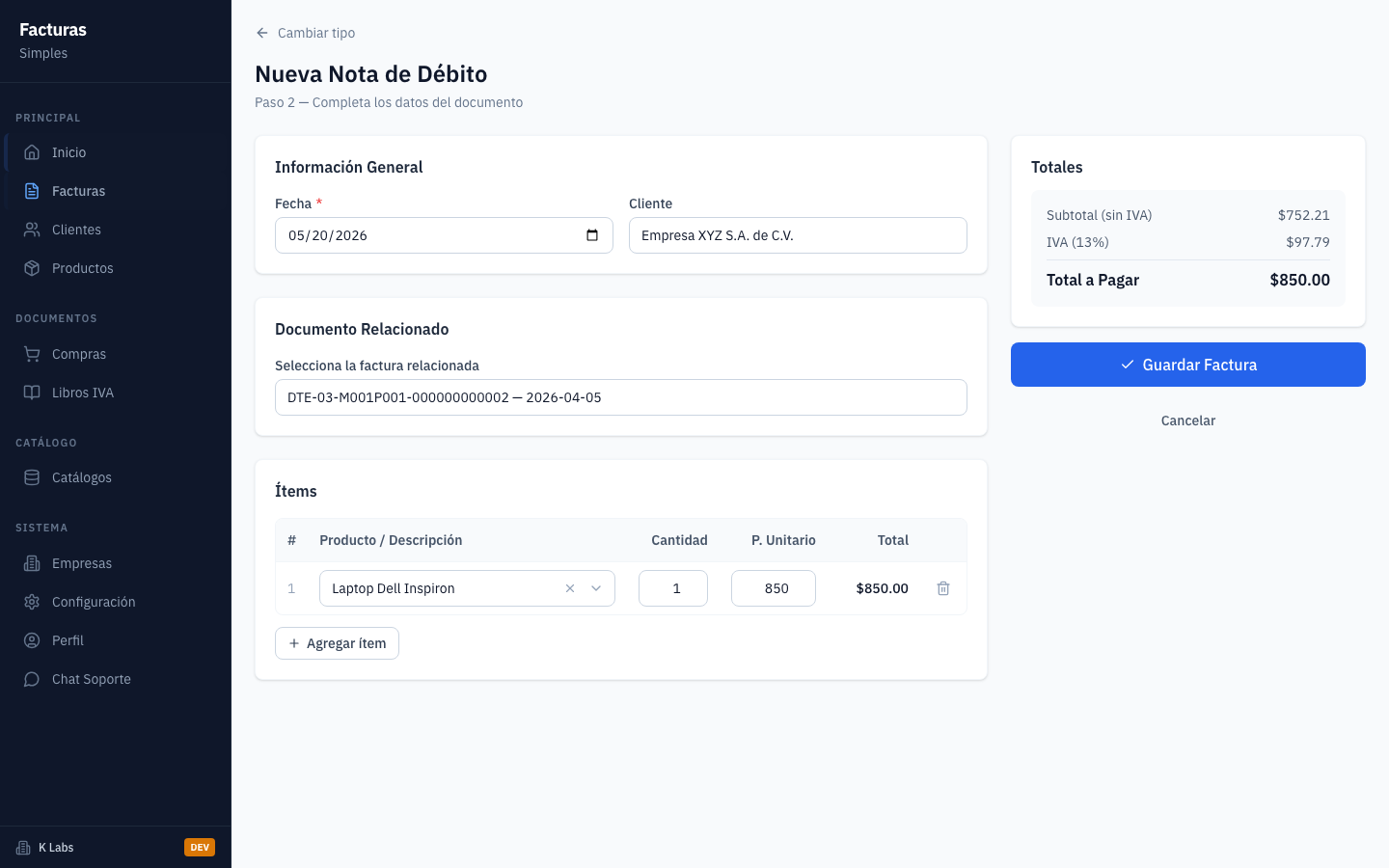 Abra el formulario de nueva factura.