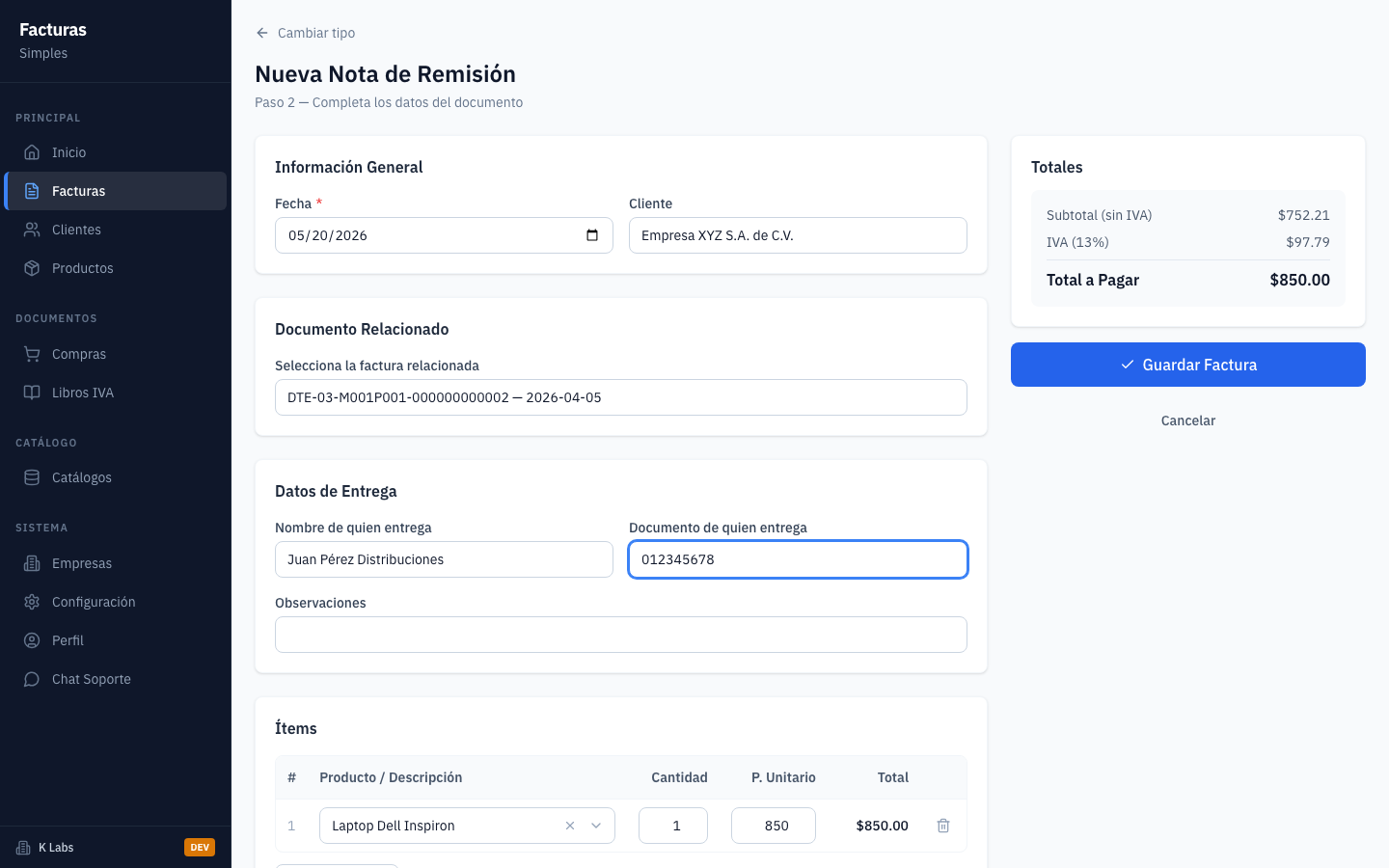 Abra el formulario de nueva factura.