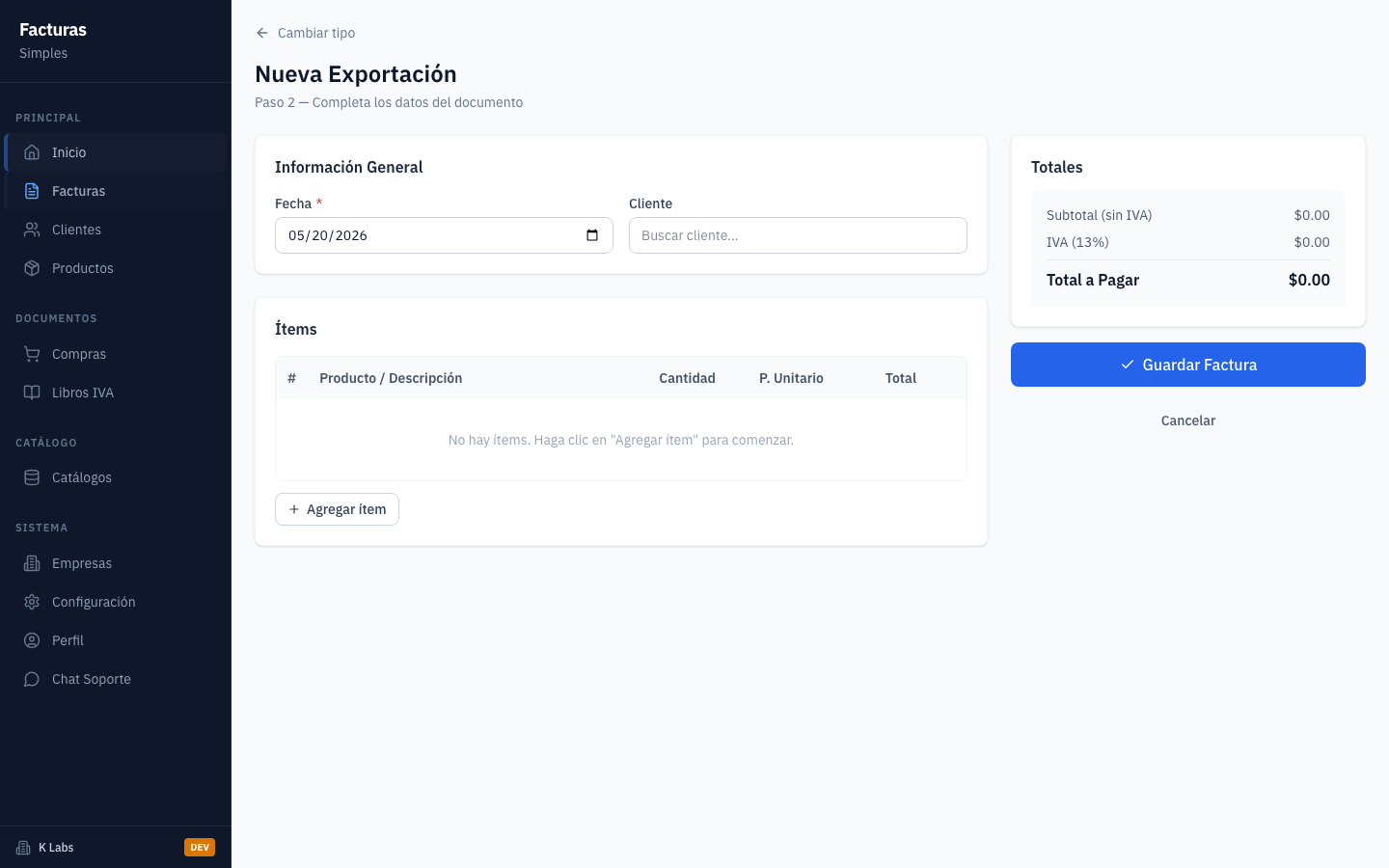 Abra el formulario de nueva factura.
