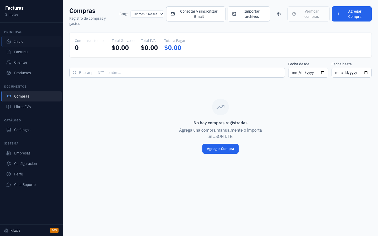 La pantalla de Compras muestra la lista de compras del mes actual.