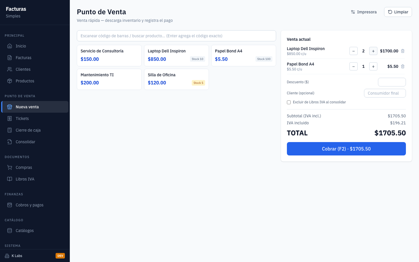 En escritorio, la pantalla del punto de venta combina el catalogo de productos y el ticket en curso: busque por nombre o codigo, agregue productos y revise el total con IVA incluido antes de cobrar.