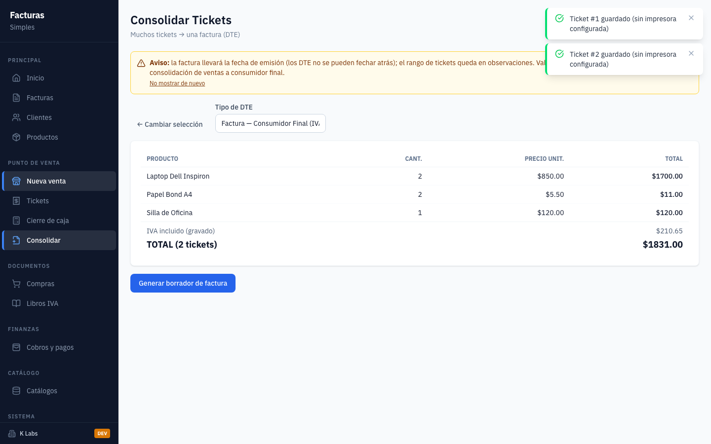 En escritorio, la vista previa de la consolidacion agrega los tickets seleccionados: productos agrupados con sus cantidades y el total consolidado antes de generar el borrador.