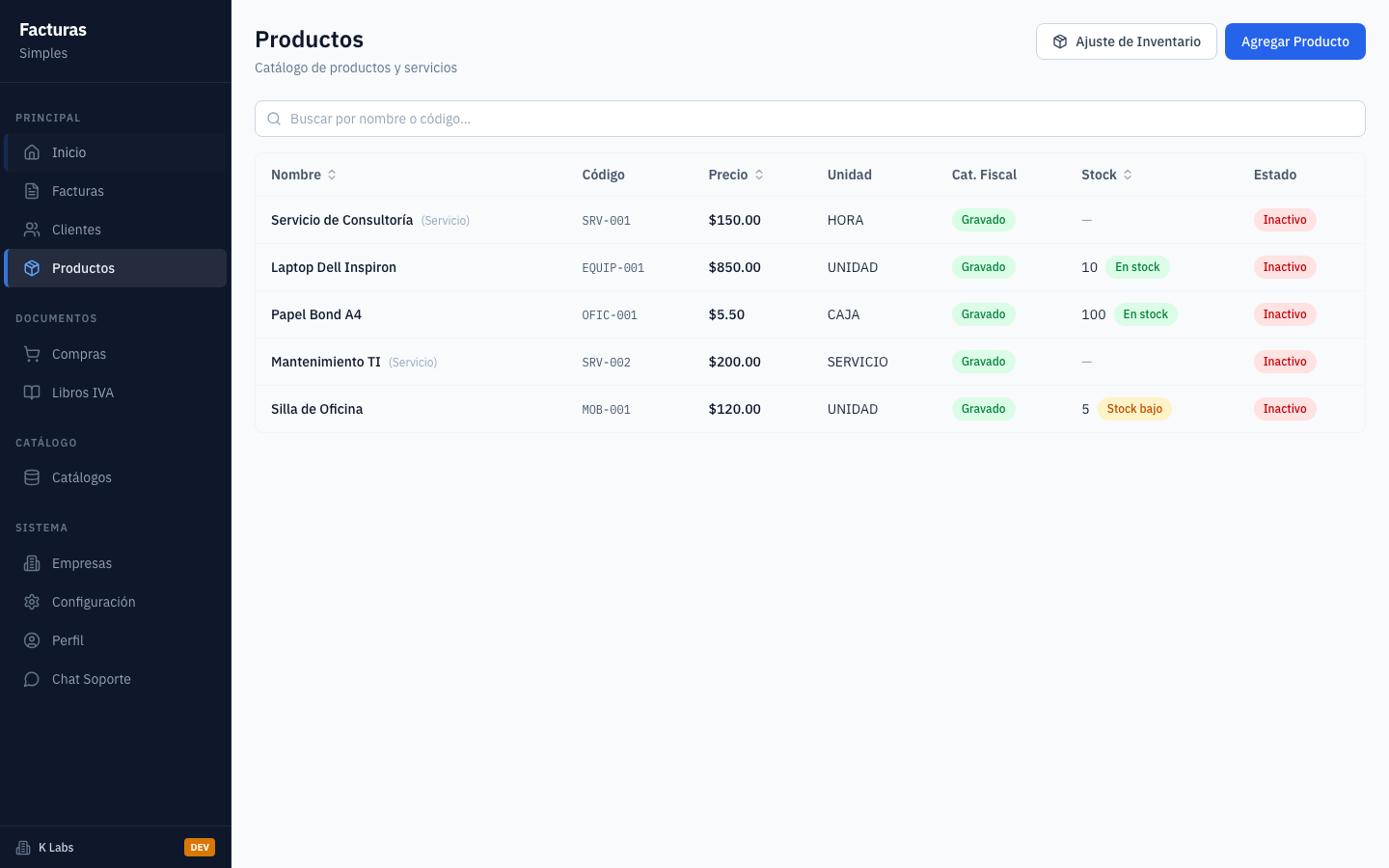 La lista muestra el stock de cada producto.