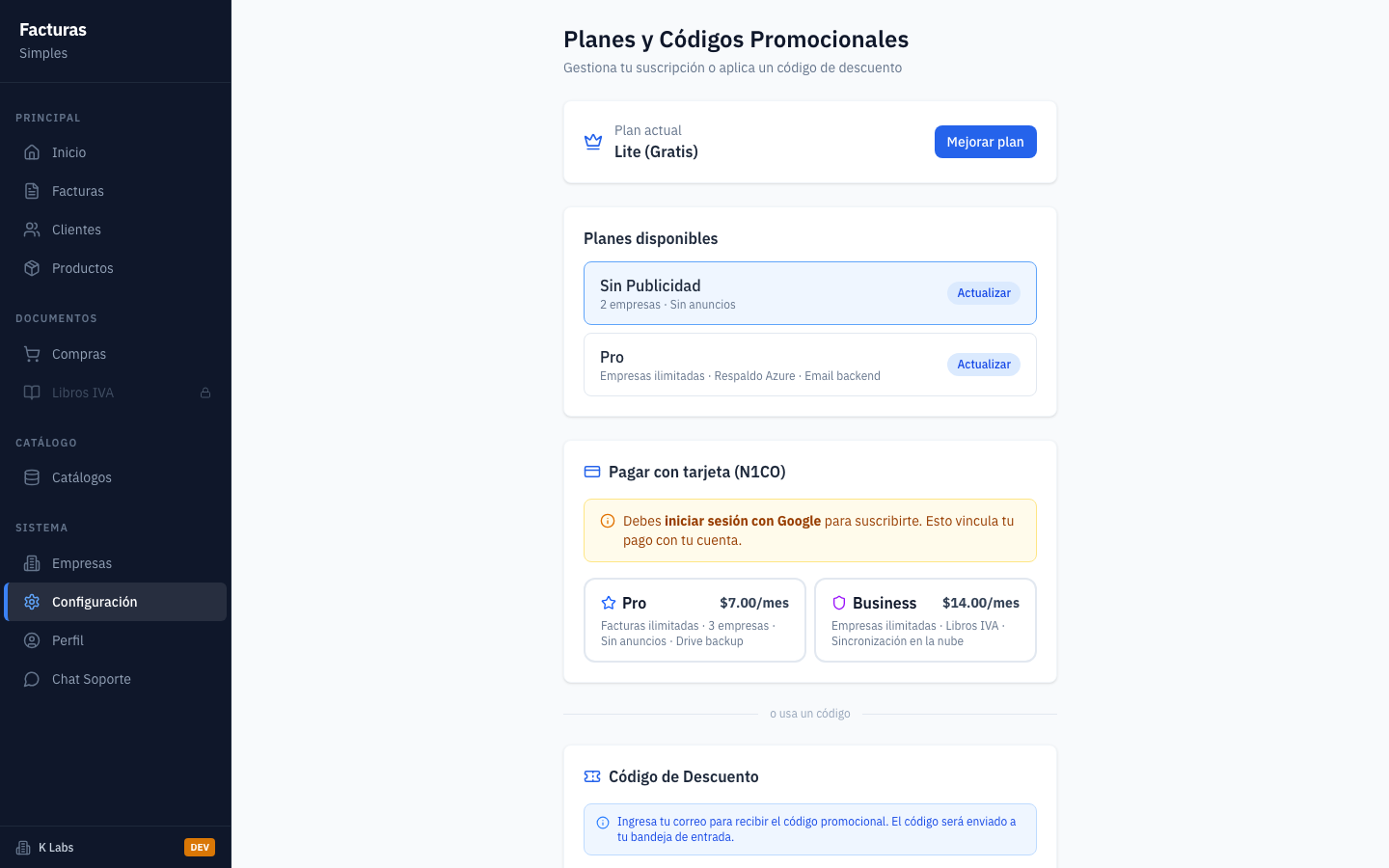 La pantalla de planes muestra el plan actual y las opciones de suscripcion disponibles para su cuenta.