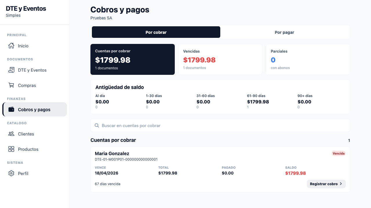 En escritorio y Android, las tarjetas de resumen reflejan la pestana activa: el saldo total de la direccion seleccionada (por cobrar o por pagar), el monto vencido y el numero de cuentas con abonos parciales.