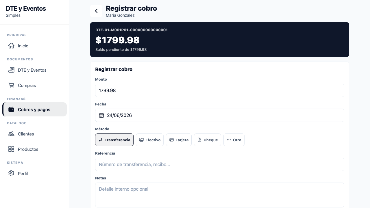 Presione "Registrar cobro" en una cuenta con saldo pendiente para registrar un abono o cobro completo.