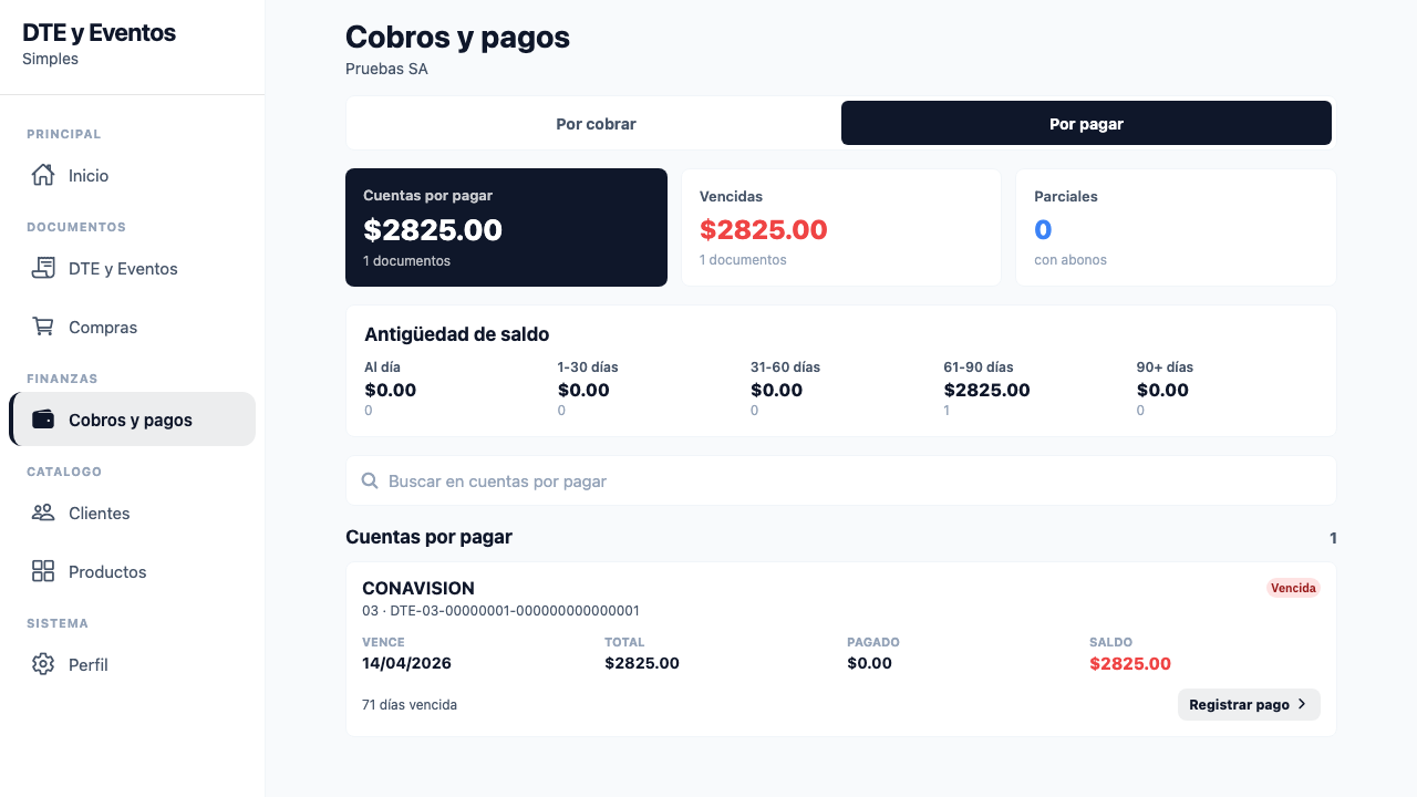 Abra Cuentas y seleccione "Por pagar" para ver obligaciones pendientes con proveedores.
