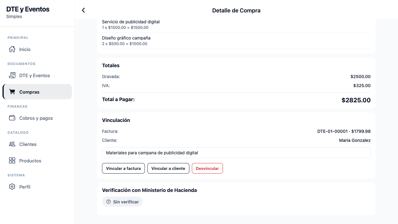 La tarjeta "Vinculacion" muestra la factura y el cliente asociados, un campo de "Nota (opcional)" y los botones "Vincular a factura", "Vincular a cliente" y "Desvincular". Si la compra no tiene relacion registrada se muestra "Sin vinculacion".