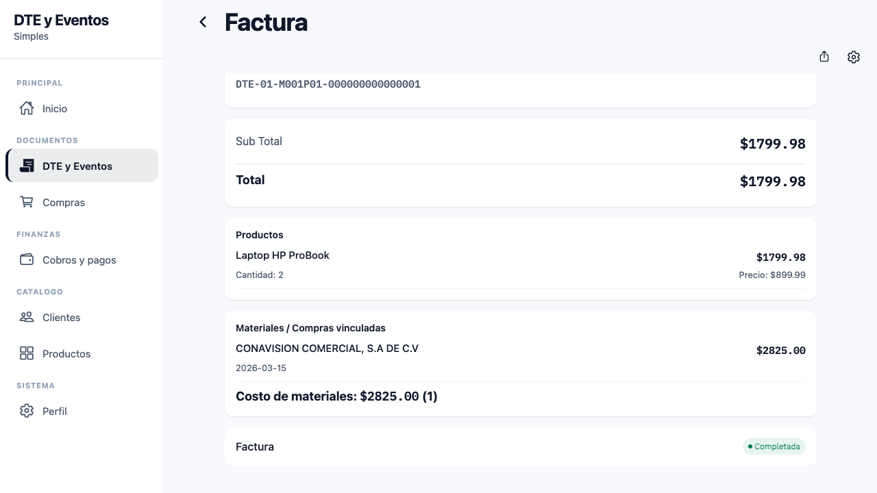 En el detalle de la factura vinculada aparece la seccion "Materiales / Compras vinculadas" con el emisor, la fecha y el monto de cada compra relacionada, y el total "Costo de materiales" con la cantidad de compras.