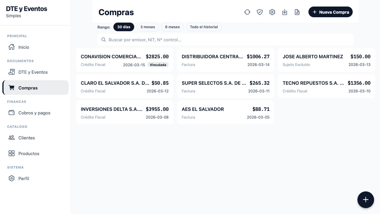 En la lista de Compras, cada compra vinculada muestra la etiqueta "Vinculada" junto a la fecha, para identificar de un vistazo que compras ya estan relacionadas con una venta o un cliente.