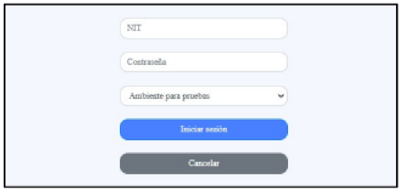 Formulario de inicio de sesion — NIT, contrasena y ambiente para pruebas