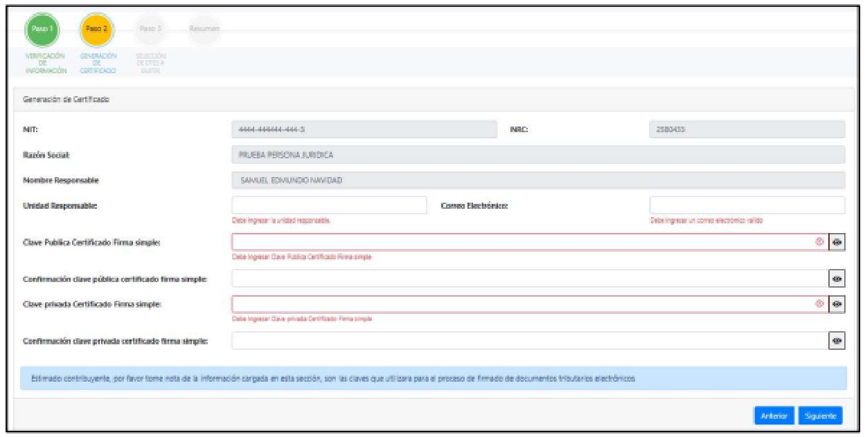 Paso 2 — Formulario de generacion de certificado para Persona Juridica