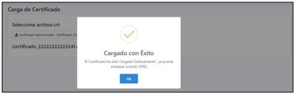 Dialogo Cargado con Exito — el certificado ha sido cargado exitosamente